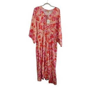 Onshore Pink Floral V-Neck Flowy Maxi Dress Kaftan Resort Pool Vacation One Size